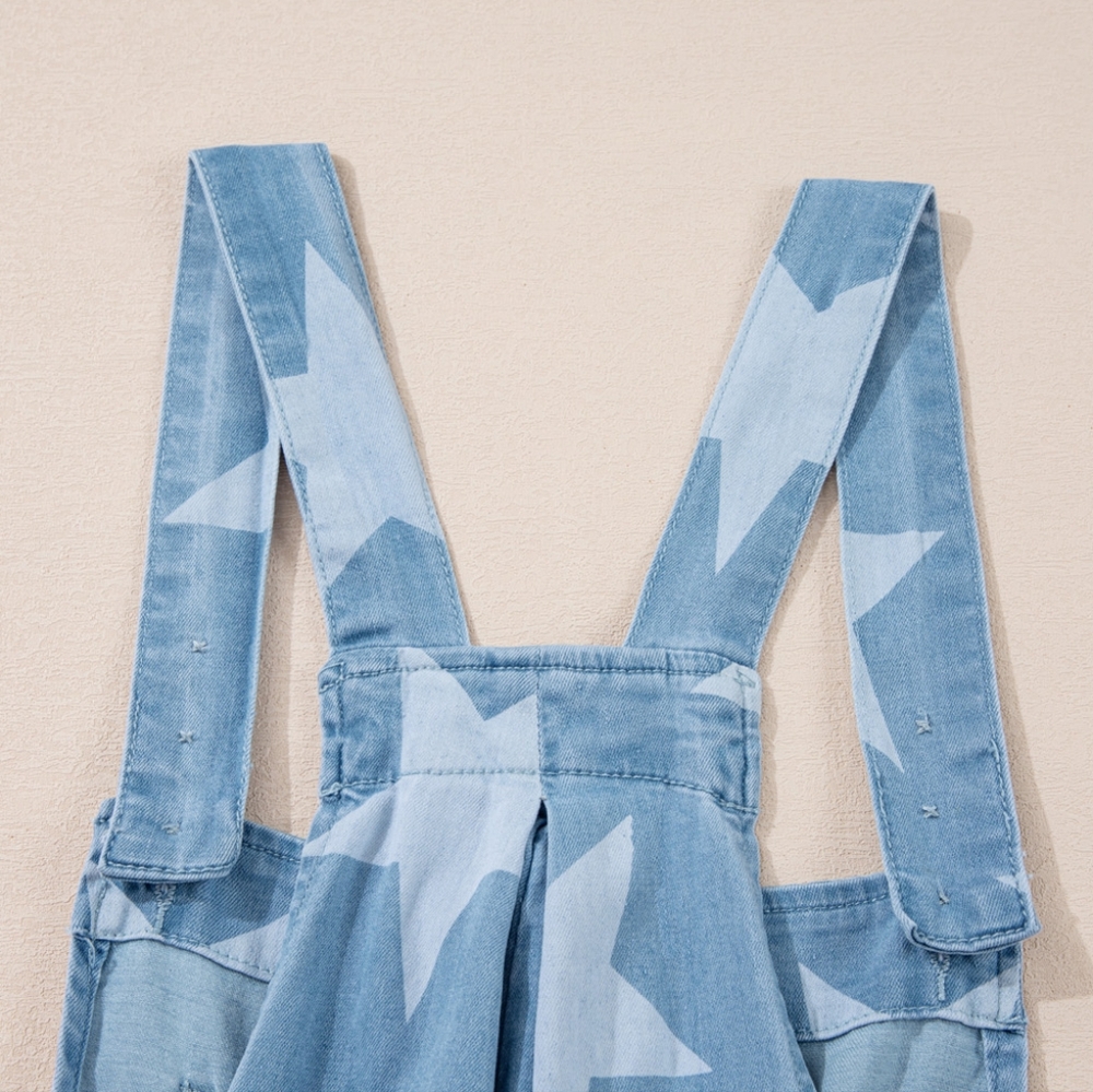 Star Print Square Neck Denim Overalls - Picture 5 of 7